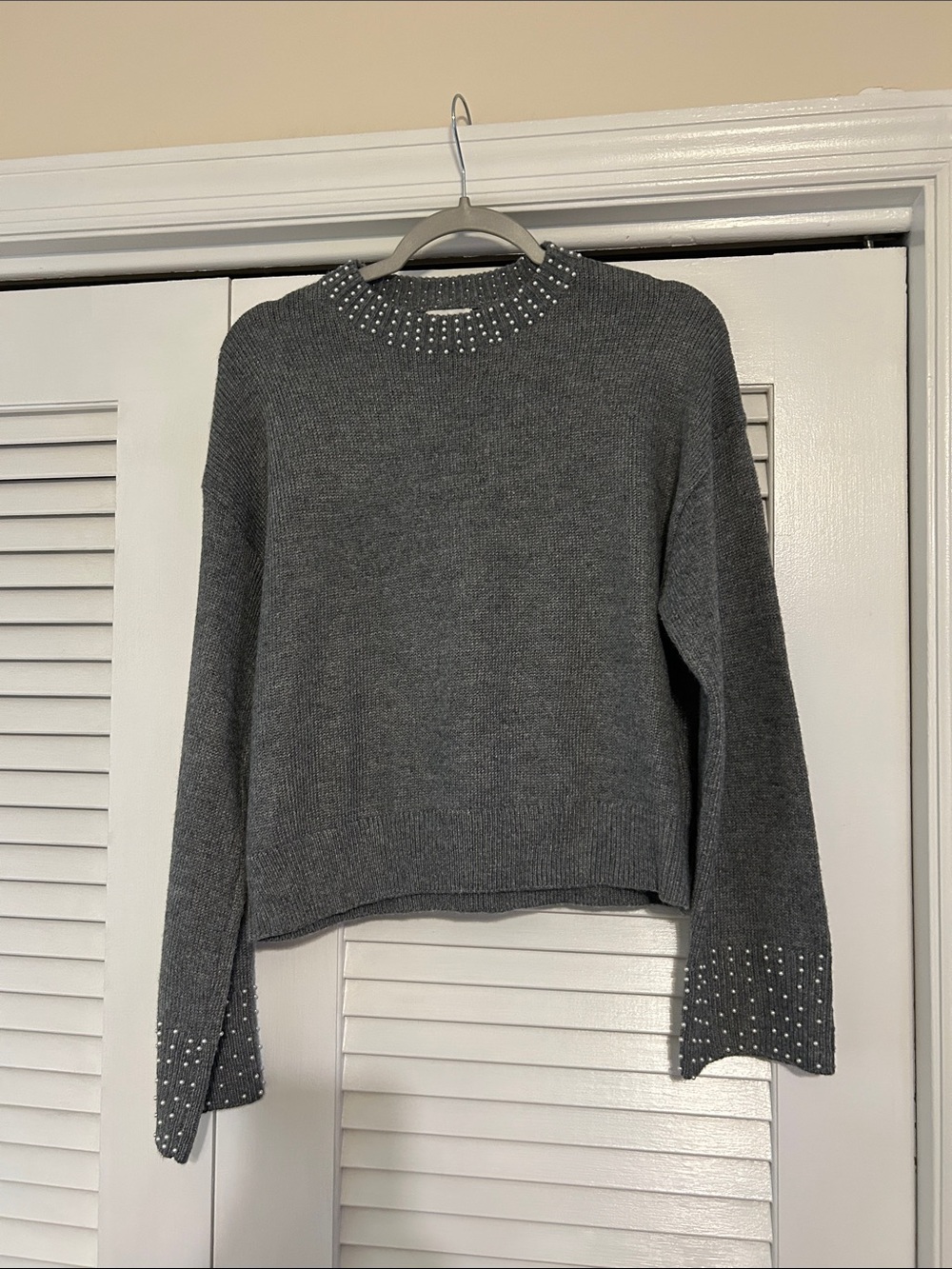 H&M Dark Gray Crewneck Sweater with Studded Neck & Cuffs